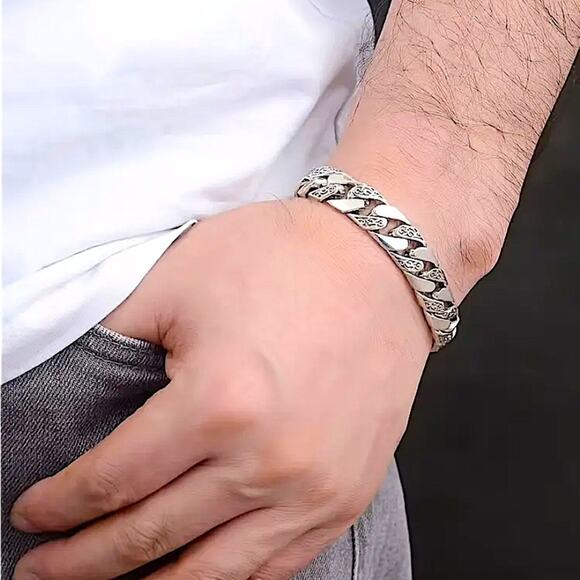 Stainless Steel Chain Link Bracelet, Mantra, Curb Hand Woven Engraved - Picture 3 of 8